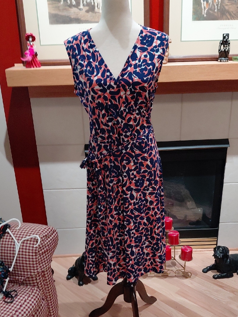 Leota Pink and Navy Floral Wrap Midi Dress